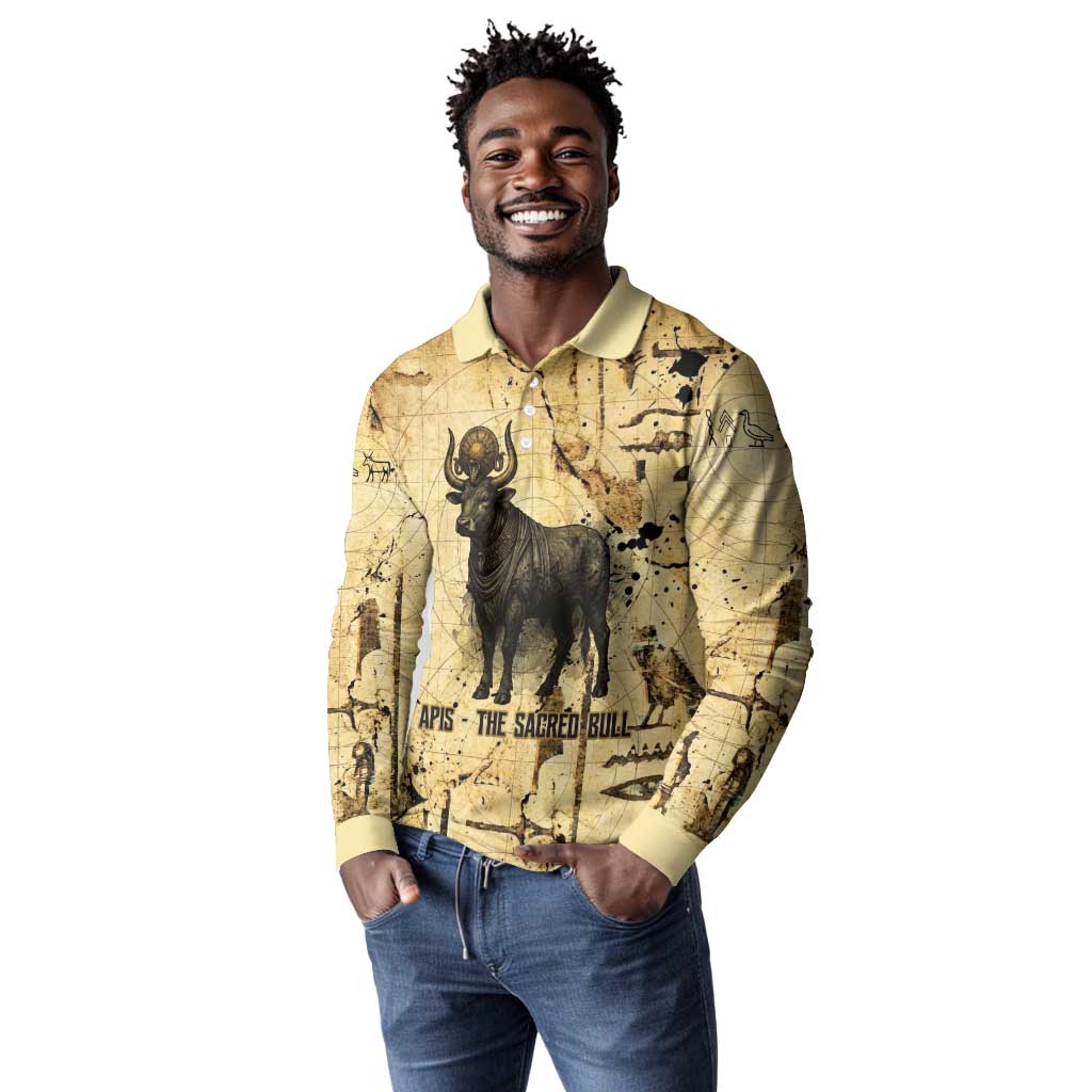 Apis Long Sleeve Polo Shirt Ancient Egyptian Papyrus Map, Egyptian Crown Bull Illustration - Wonder Print Shop