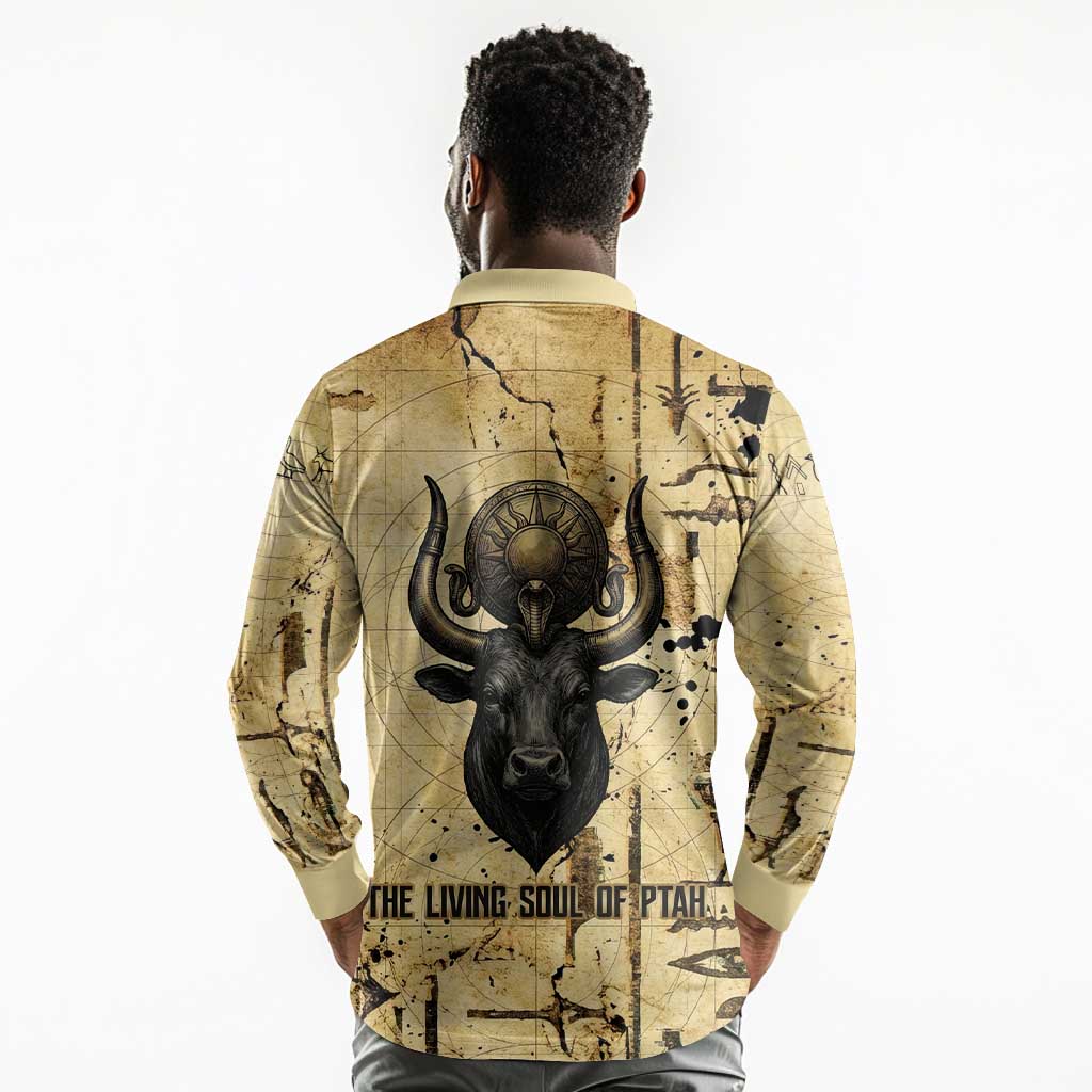 Apis Long Sleeve Polo Shirt Ancient Egyptian Papyrus Map, Egyptian Crown Bull Illustration - Wonder Print Shop