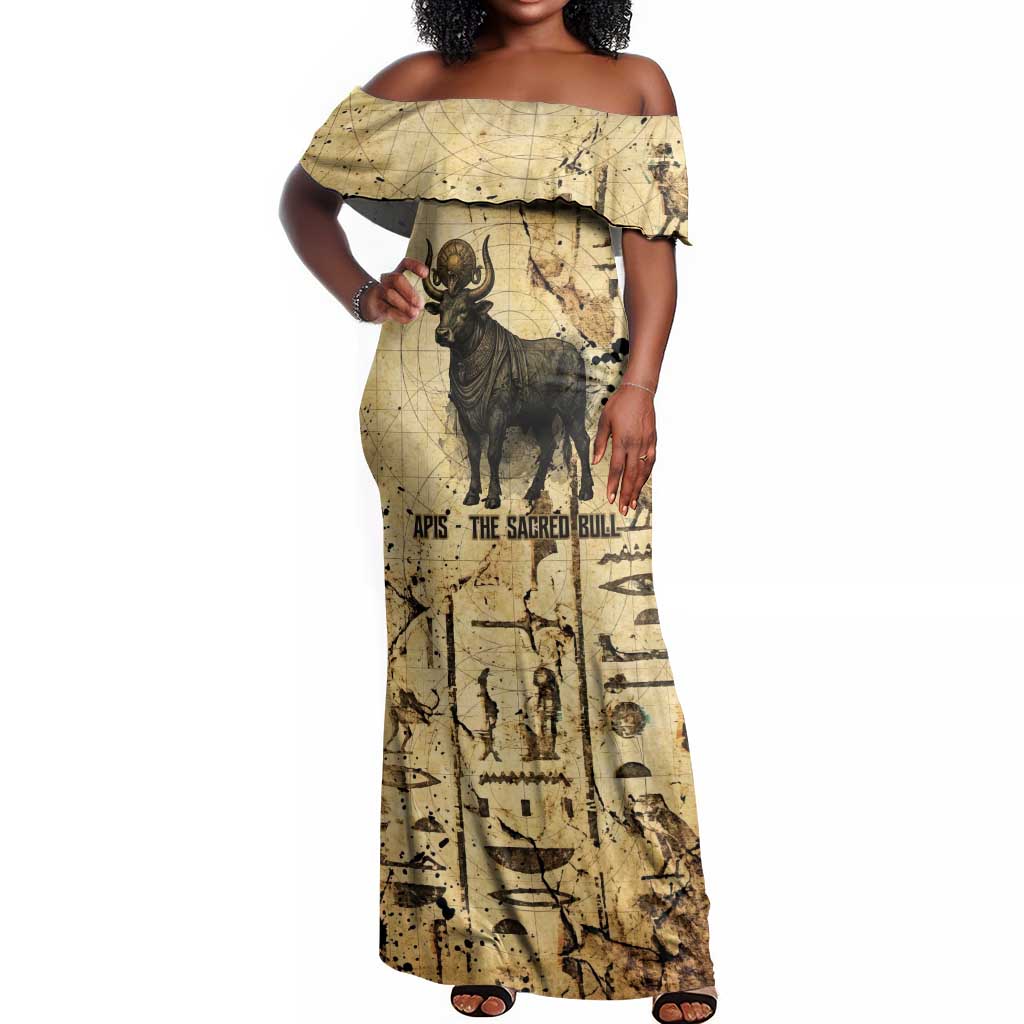 Apis Off Shoulder Maxi Dress Ancient Egyptian Papyrus Map, Egyptian Crown Bull Illustration - Wonder Print Shop