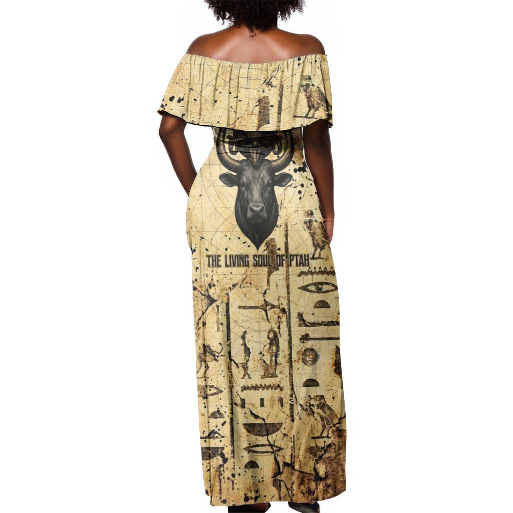 Apis Off Shoulder Maxi Dress Ancient Egyptian Papyrus Map, Egyptian Crown Bull Illustration - Wonder Print Shop