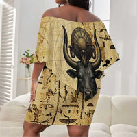 Apis Off Shoulder Short Dress Ancient Egyptian Papyrus Map, Egyptian Crown Bull Illustration - Wonder Print Shop