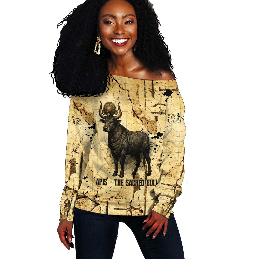 Apis Off Shoulder Sweater Ancient Egyptian Papyrus Map, Egyptian Crown Bull Illustration - Wonder Print Shop