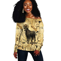 Apis Off Shoulder Sweater Ancient Egyptian Papyrus Map, Egyptian Crown Bull Illustration - Wonder Print Shop