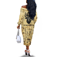 Apis Off The Shoulder Long Sleeve Dress Ancient Egyptian Papyrus Map, Egyptian Crown Bull Illustration - Wonder Print Shop