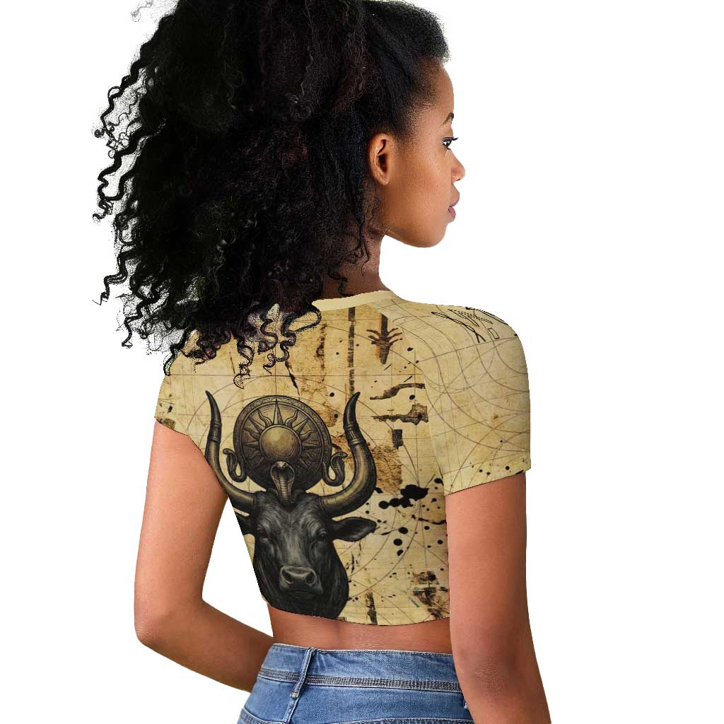 Apis Raglan Cropped T shirt Ancient Egyptian Papyrus Map, Egyptian Crown Bull Illustration - Wonder Print Shop