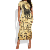 Apis Short Sleeve Bodycon Dress Ancient Egyptian Papyrus Map, Egyptian Crown Bull Illustration - Wonder Print Shop
