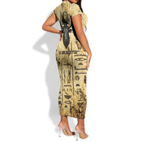 Apis Short Sleeve Bodycon Dress Ancient Egyptian Papyrus Map, Egyptian Crown Bull Illustration - Wonder Print Shop