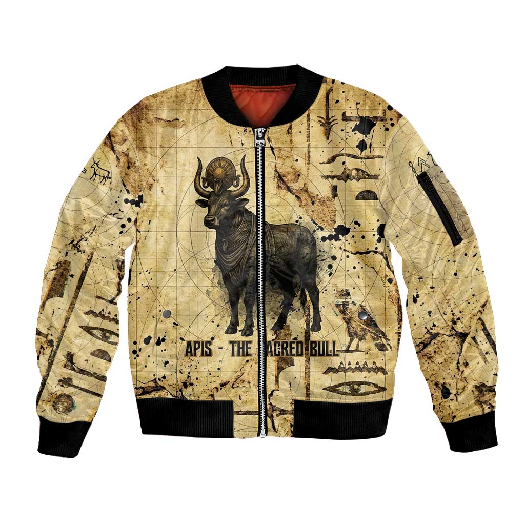 Apis Sleeve Zip Bomber Jacket Ancient Egyptian Papyrus Map, Egyptian Crown Bull Illustration - Wonder Print Shop