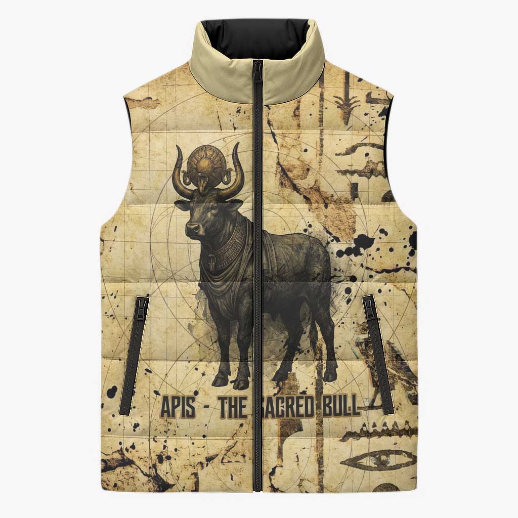 Apis Sleeveless Puffer Jacket Ancient Egyptian Papyrus Map, Egyptian Crown Bull Illustration - Wonder Print Shop
