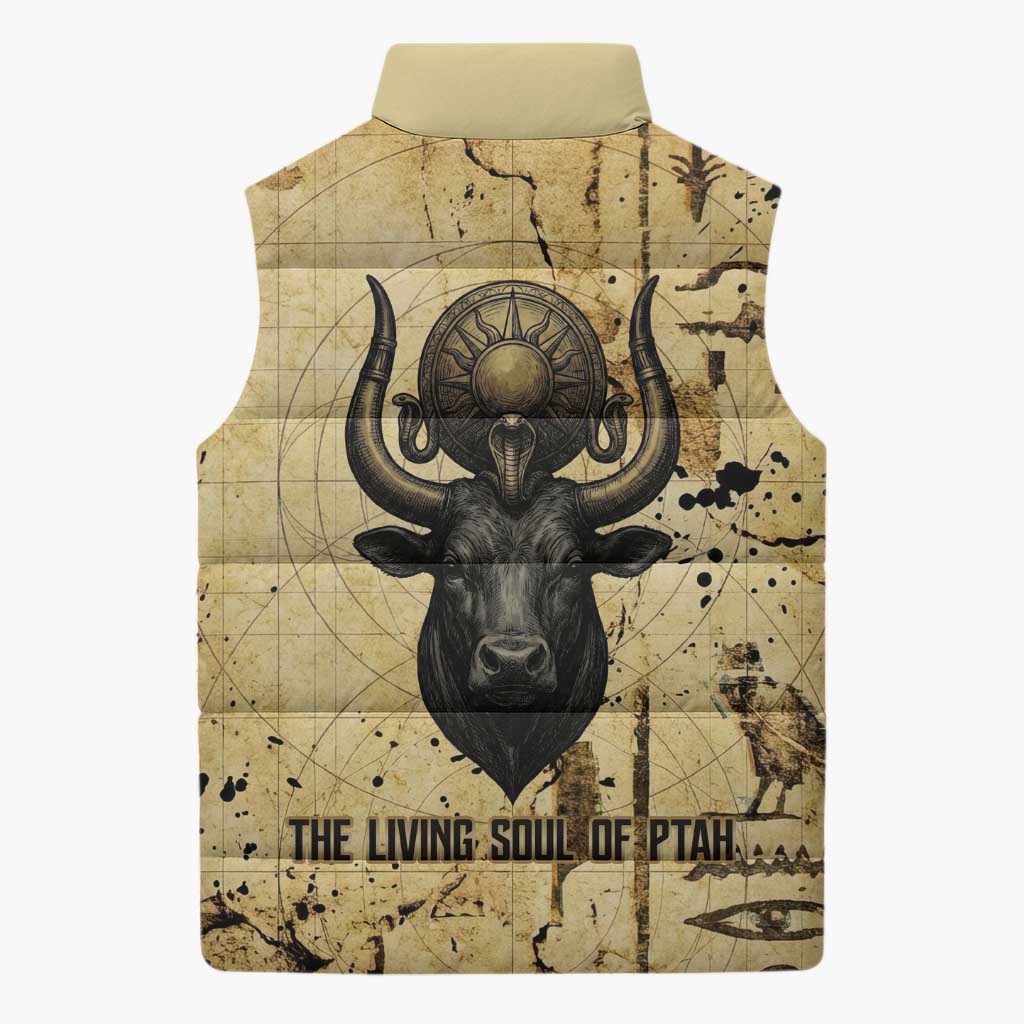 Apis Sleeveless Puffer Jacket Ancient Egyptian Papyrus Map, Egyptian Crown Bull Illustration - Wonder Print Shop