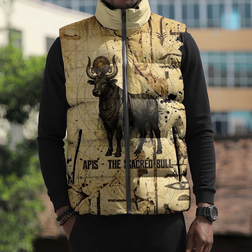 Apis Sleeveless Puffer Jacket Ancient Egyptian Papyrus Map, Egyptian Crown Bull Illustration - Wonder Print Shop