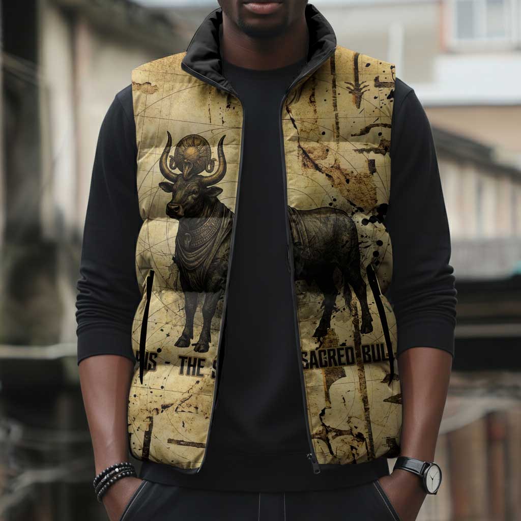 Apis Sleeveless Puffer Jacket Ancient Egyptian Papyrus Map, Egyptian Crown Bull Illustration - Wonder Print Shop