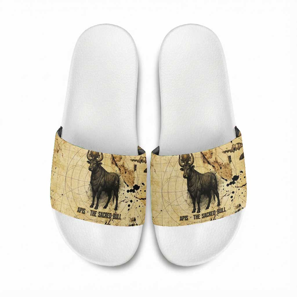 Apis Slide Sandals Ancient Egyptian Papyrus Map, Egyptian Crown Bull Illustration - Wonder Print Shop