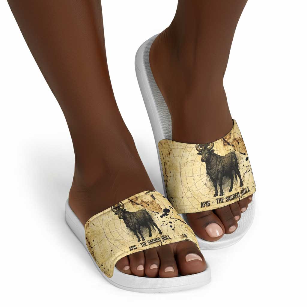 Apis Slide Sandals Ancient Egyptian Papyrus Map, Egyptian Crown Bull Illustration - Wonder Print Shop