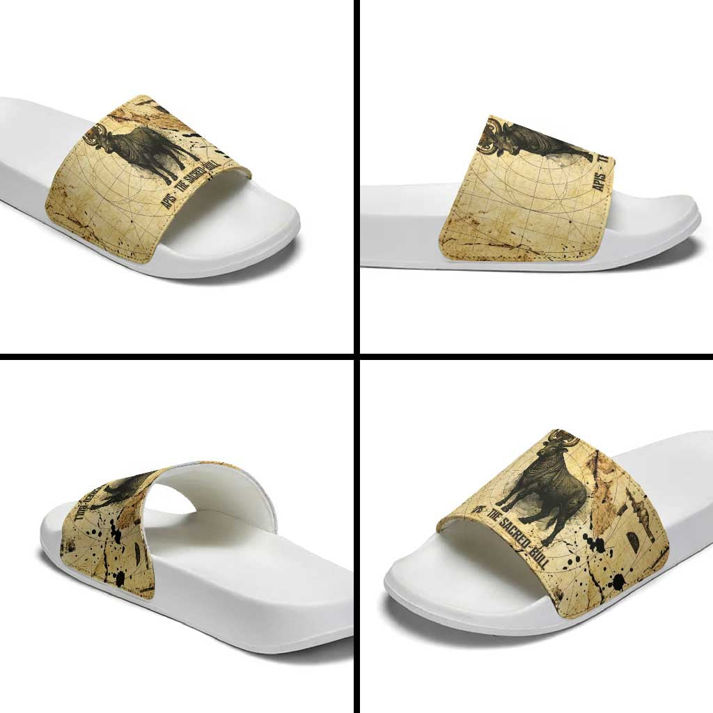 Apis Slide Sandals Ancient Egyptian Papyrus Map, Egyptian Crown Bull Illustration - Wonder Print Shop