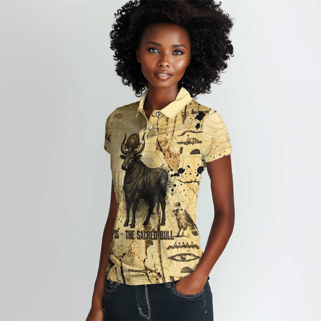 Apis Women Polo Shirt Ancient Egyptian Papyrus Map, Egyptian Crown Bull Illustration - Wonder Print Shop