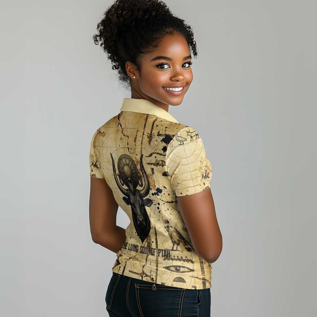 Apis Women Polo Shirt Ancient Egyptian Papyrus Map, Egyptian Crown Bull Illustration - Wonder Print Shop