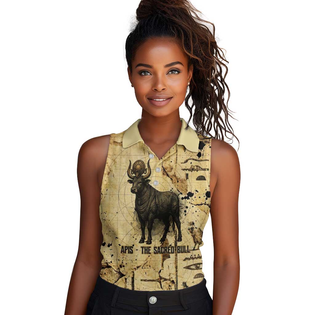 Apis Women Sleeveless Polo Shirt Ancient Egyptian Papyrus Map, Egyptian Crown Bull Illustration - Wonder Print Shop