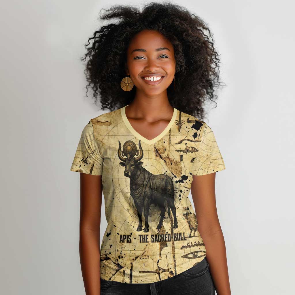 Apis Women V-Neck T-Shirt Ancient Egyptian Papyrus Map, Egyptian Crown Bull Illustration - Wonder Print Shop