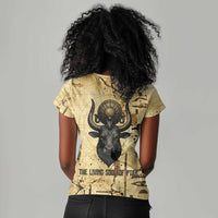 Apis Women V-Neck T-Shirt Ancient Egyptian Papyrus Map, Egyptian Crown Bull Illustration - Wonder Print Shop