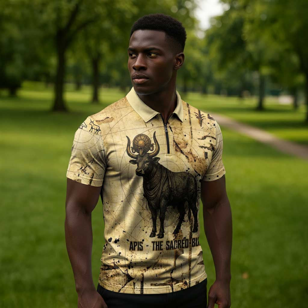 Apis Zipper Polo Shirt Ancient Egyptian Papyrus Map, Egyptian Crown Bull Illustration - Wonder Print Shop