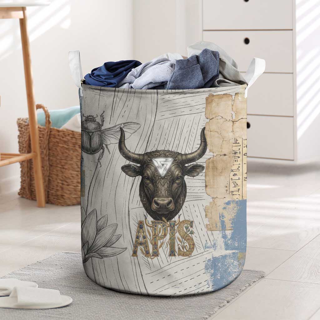 Apis Ancient Egyptian Laundry Basket with Beige-Gray Hieroglyphic, Ornate Bull Head, and Gold-Blue Typography - Wonder Print Shop