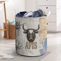 Apis Ancient Egyptian Laundry Basket with Beige-Gray Hieroglyphic, Ornate Bull Head, and Gold-Blue Typography - Wonder Print Shop