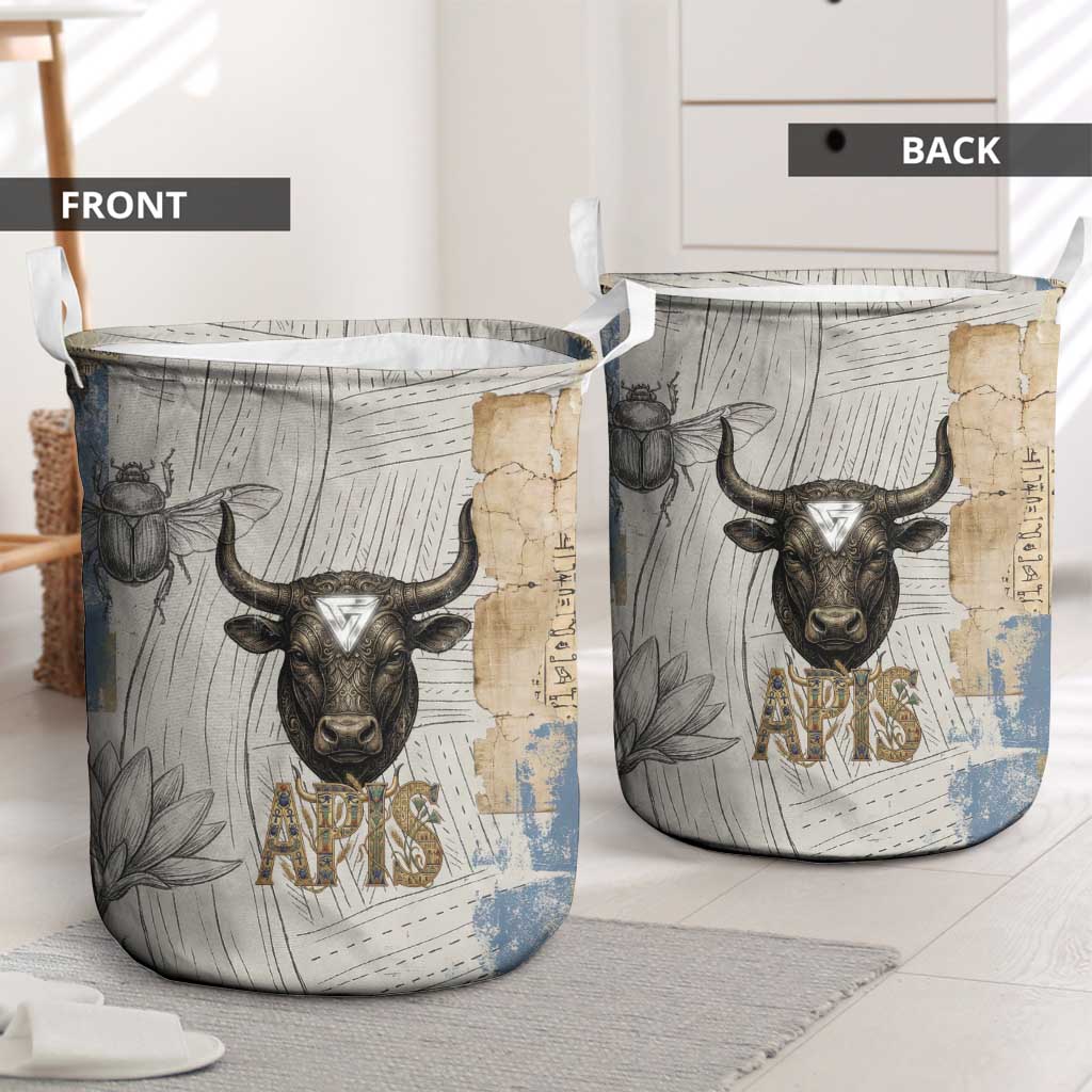 Apis Ancient Egyptian Laundry Basket with Beige-Gray Hieroglyphic, Ornate Bull Head, and Gold-Blue Typography - Wonder Print Shop