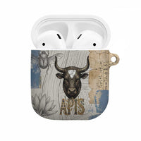 Apis Ancient Egyptian AirPods Case with Beige-Gray Hieroglyphic, Ornate Bull Head, and Gold-Blue Typography - Wonder Print Shop