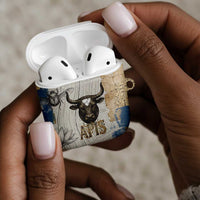 Apis Ancient Egyptian AirPods Case with Beige-Gray Hieroglyphic, Ornate Bull Head, and Gold-Blue Typography - Wonder Print Shop