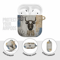 Apis Ancient Egyptian AirPods Case with Beige-Gray Hieroglyphic, Ornate Bull Head, and Gold-Blue Typography - Wonder Print Shop