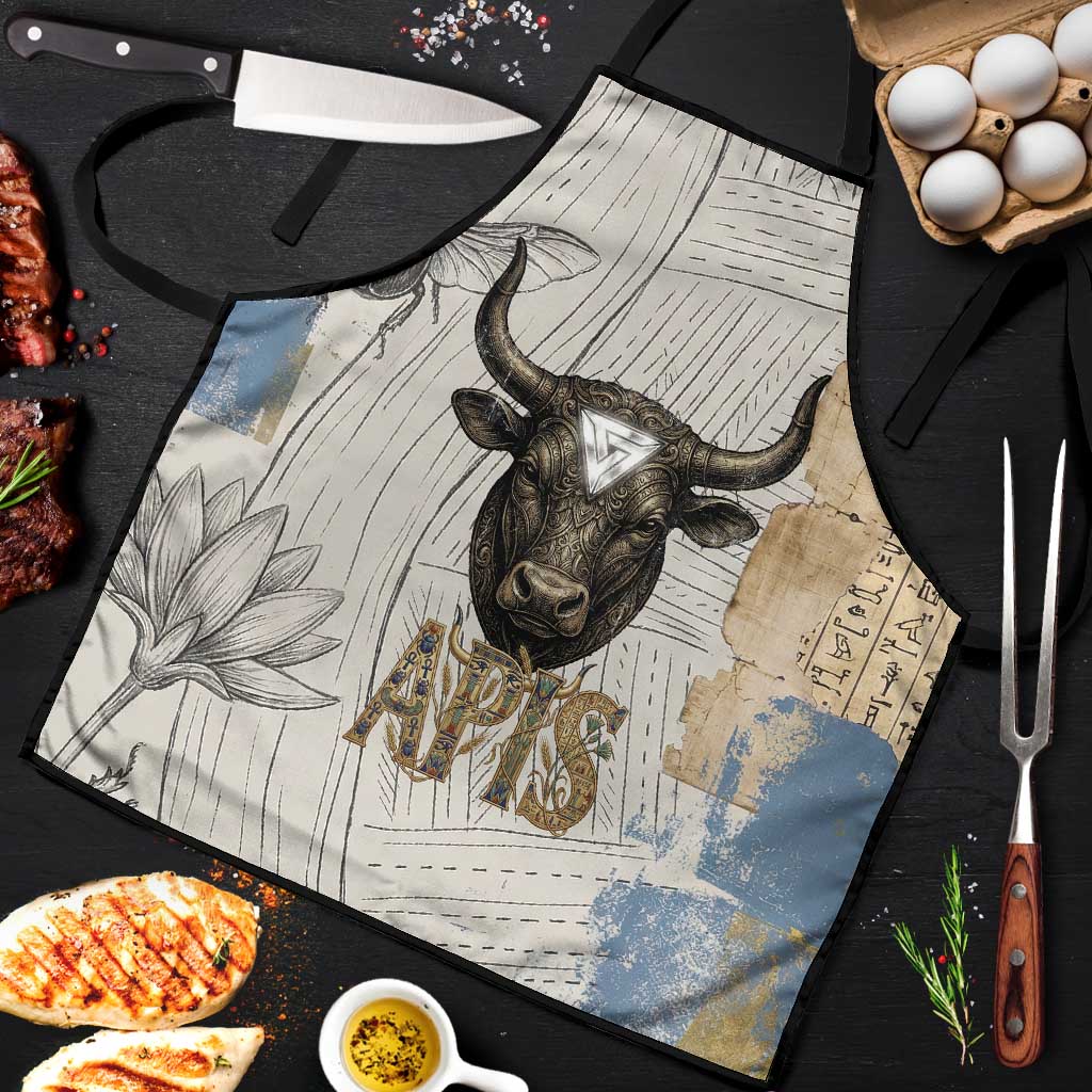 Apis Ancient Egyptian Apron with Beige-Gray Hieroglyphic, Ornate Bull Head, and Gold-Blue Typography - Wonder Print Shop