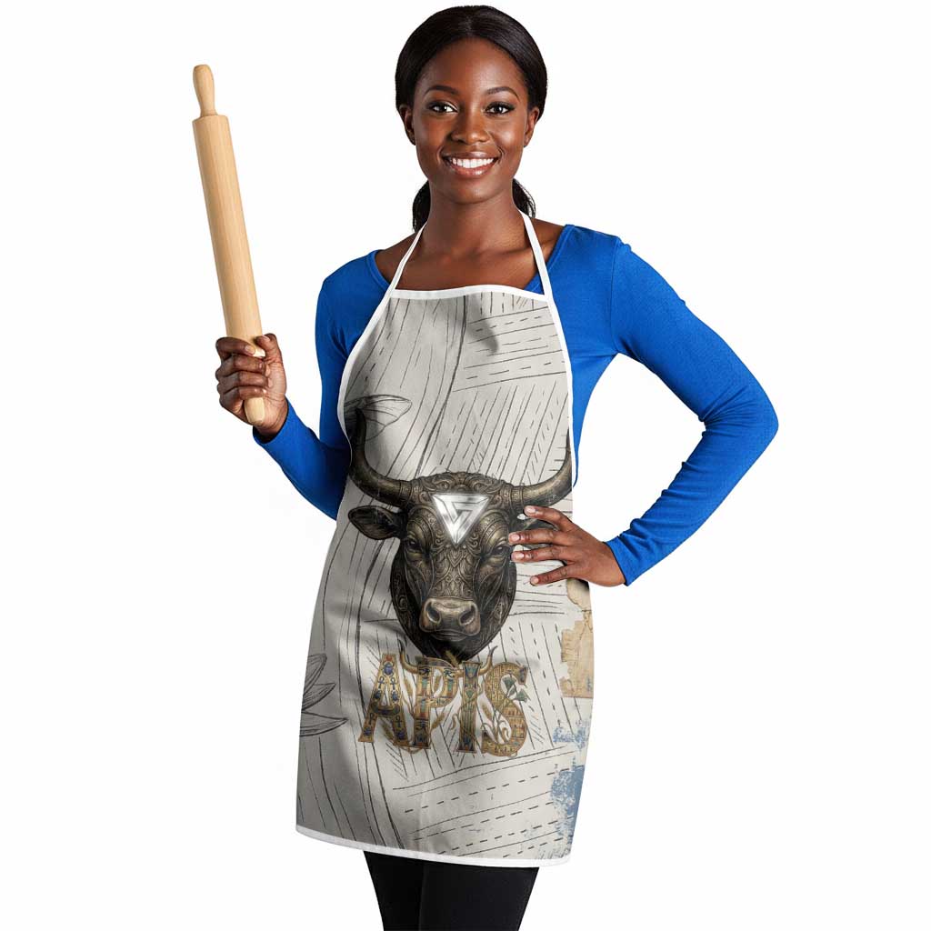 Apis Ancient Egyptian Apron with Beige-Gray Hieroglyphic, Ornate Bull Head, and Gold-Blue Typography - Wonder Print Shop