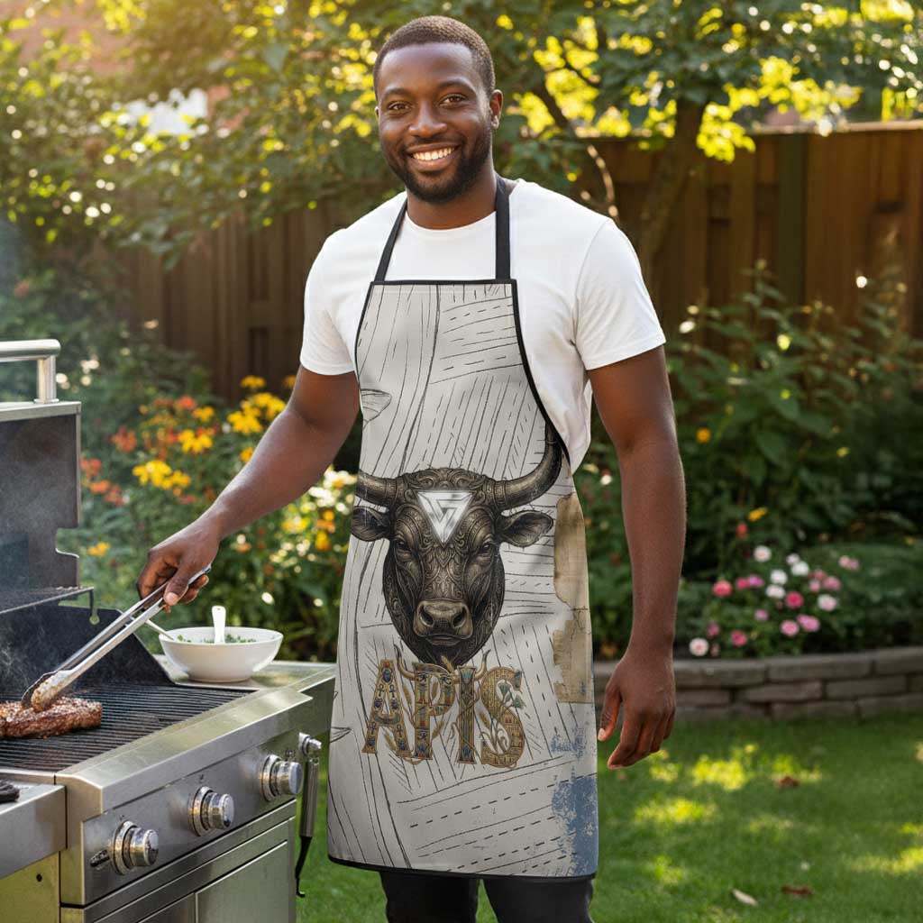 Apis Ancient Egyptian Apron with Beige-Gray Hieroglyphic, Ornate Bull Head, and Gold-Blue Typography - Wonder Print Shop