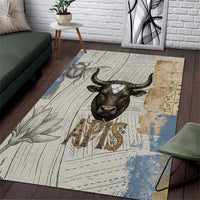 Apis Ancient Egyptian Area Rug with Beige-Gray Hieroglyphic, Ornate Bull Head, and Gold-Blue Typography - Wonder Print Shop