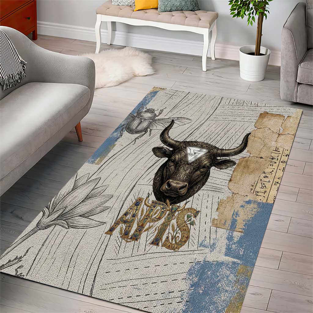 Apis Ancient Egyptian Area Rug with Beige-Gray Hieroglyphic, Ornate Bull Head, and Gold-Blue Typography - Wonder Print Shop