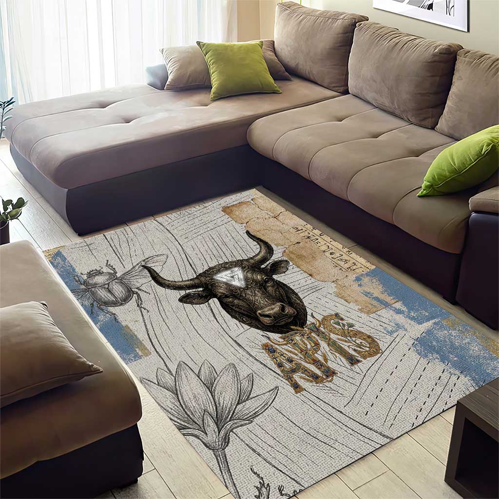 Apis Ancient Egyptian Area Rug with Beige-Gray Hieroglyphic, Ornate Bull Head, and Gold-Blue Typography - Wonder Print Shop