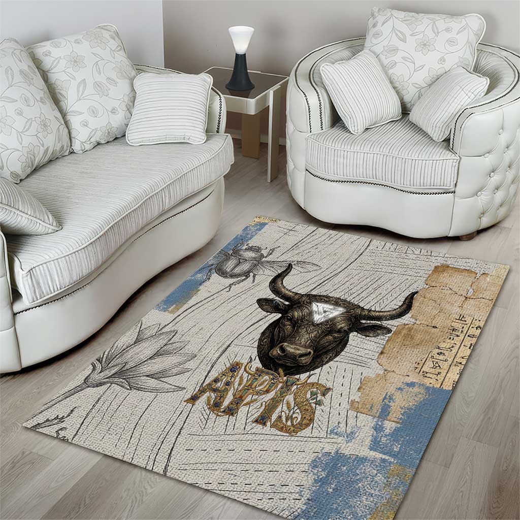 Apis Ancient Egyptian Area Rug with Beige-Gray Hieroglyphic, Ornate Bull Head, and Gold-Blue Typography - Wonder Print Shop