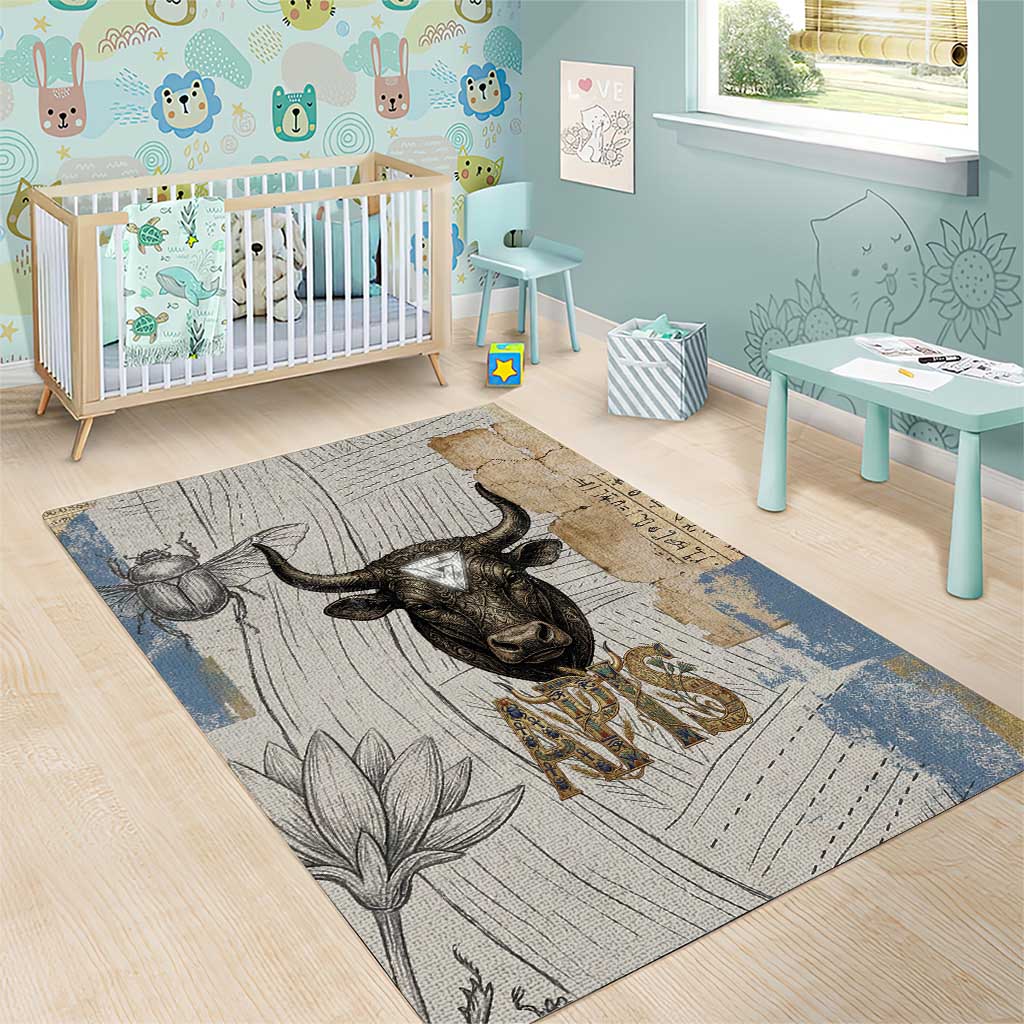 Apis Ancient Egyptian Area Rug with Beige-Gray Hieroglyphic, Ornate Bull Head, and Gold-Blue Typography - Wonder Print Shop