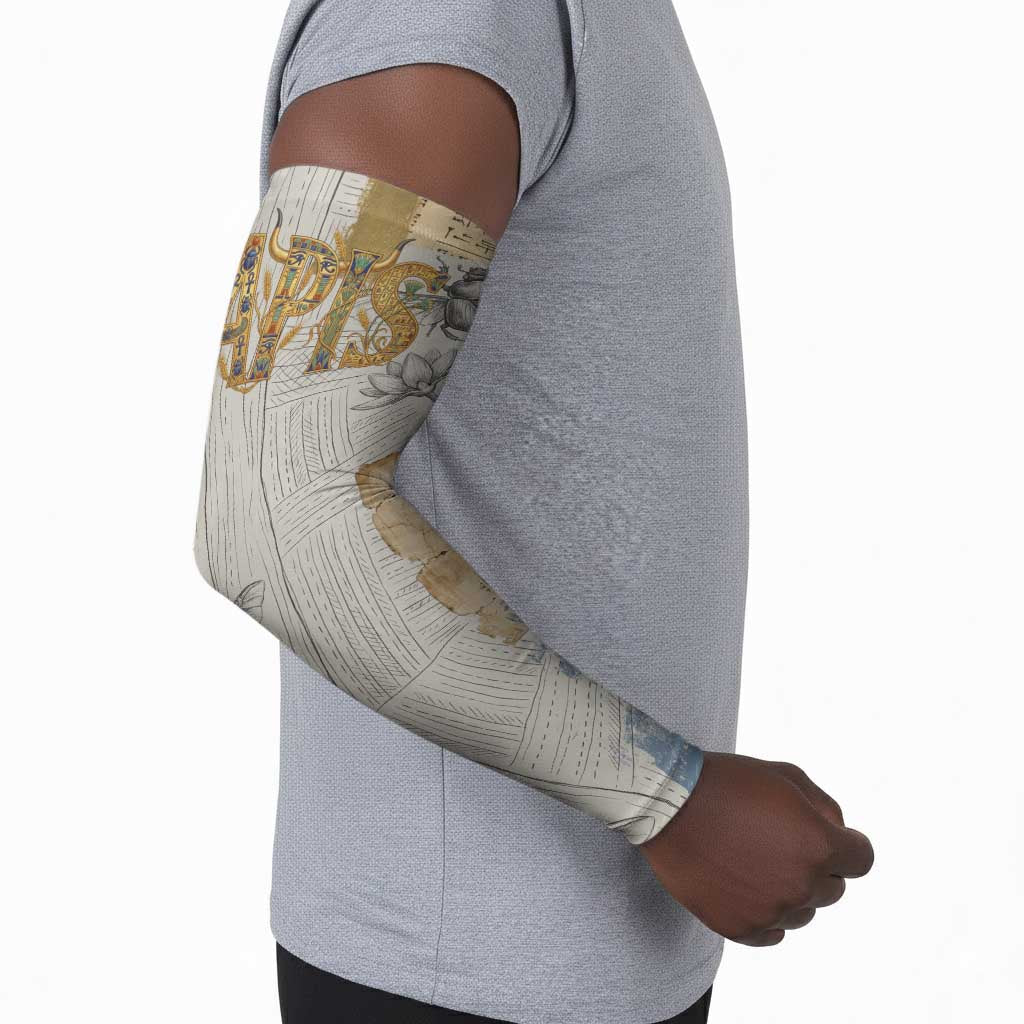 Apis Ancient Egyptian Arm Sleeves with Beige-Gray Hieroglyphic, Ornate Bull Head, and Gold-Blue Typography - Wonder Print Shop