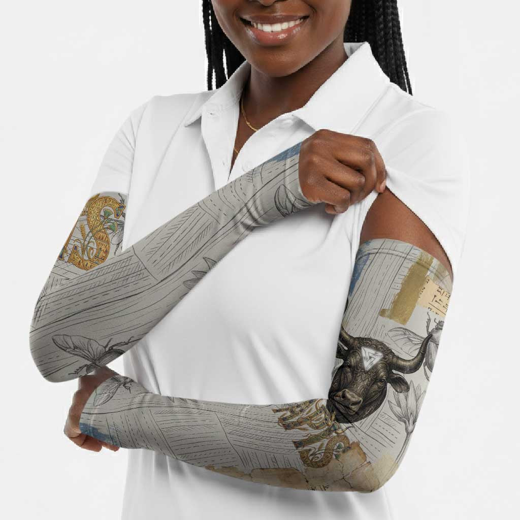 Apis Ancient Egyptian Arm Sleeves with Beige-Gray Hieroglyphic, Ornate Bull Head, and Gold-Blue Typography - Wonder Print Shop