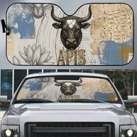Apis Ancient Egyptian Auto Sun Shade with Beige-Gray Hieroglyphic, Ornate Bull Head, and Gold-Blue Typography - Wonder Print Shop