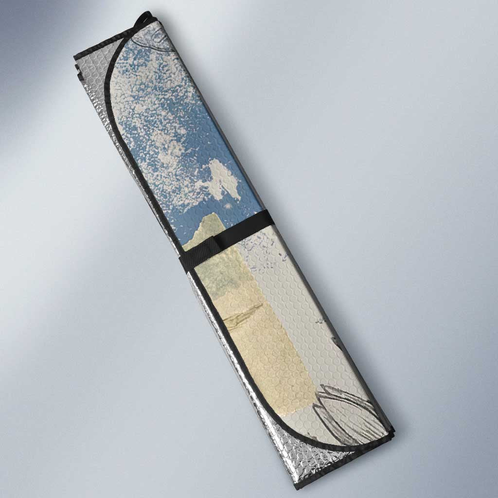 Apis Ancient Egyptian Auto Sun Shade with Beige-Gray Hieroglyphic, Ornate Bull Head, and Gold-Blue Typography - Wonder Print Shop