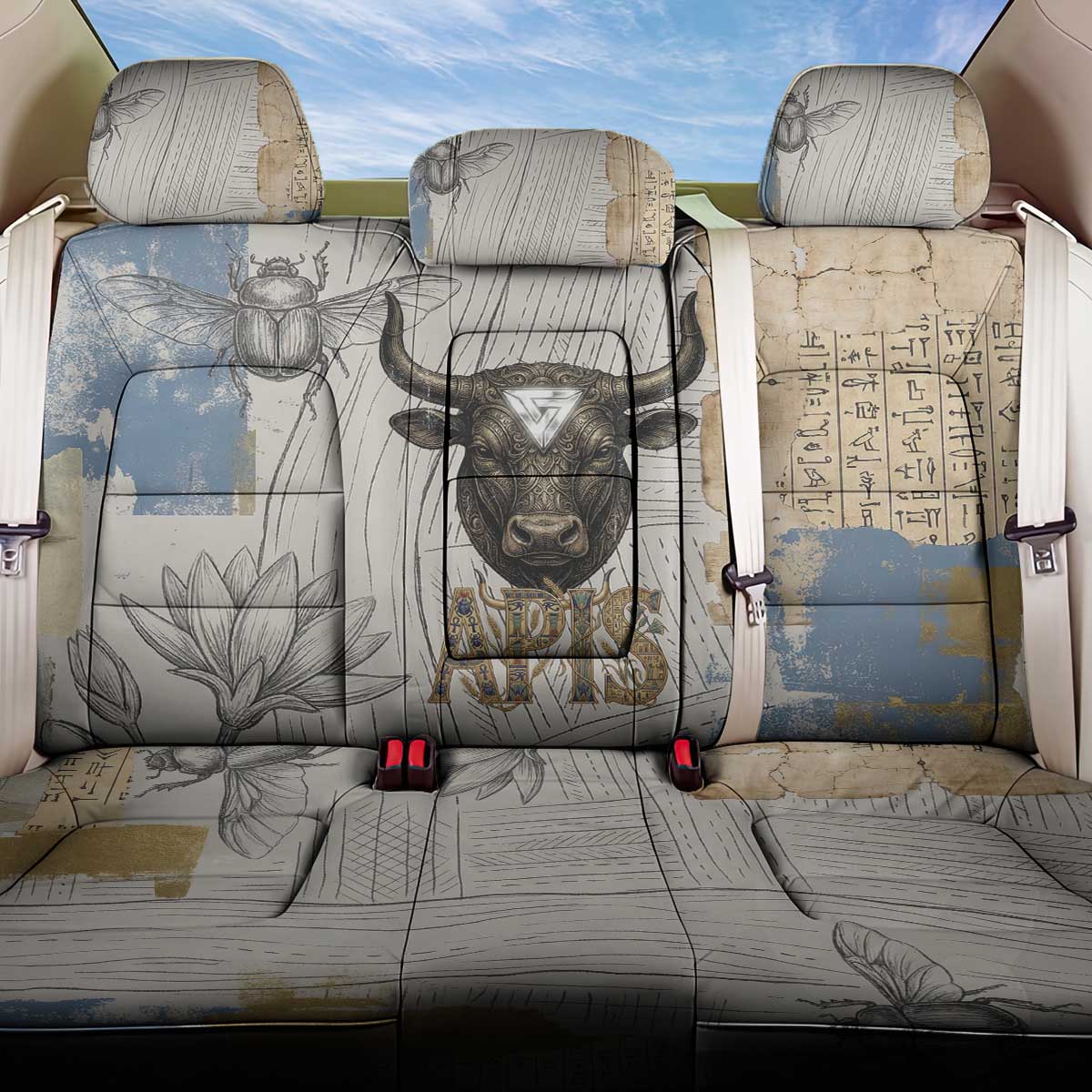 Apis Ancient Egyptian Back Car Seat Cover with Beige-Gray Hieroglyphic, Ornate Bull Head, and Gold-Blue Typography - Wonder Print Shop