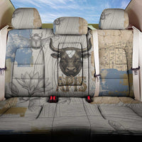 Apis Ancient Egyptian Back Car Seat Cover with Beige-Gray Hieroglyphic, Ornate Bull Head, and Gold-Blue Typography - Wonder Print Shop
