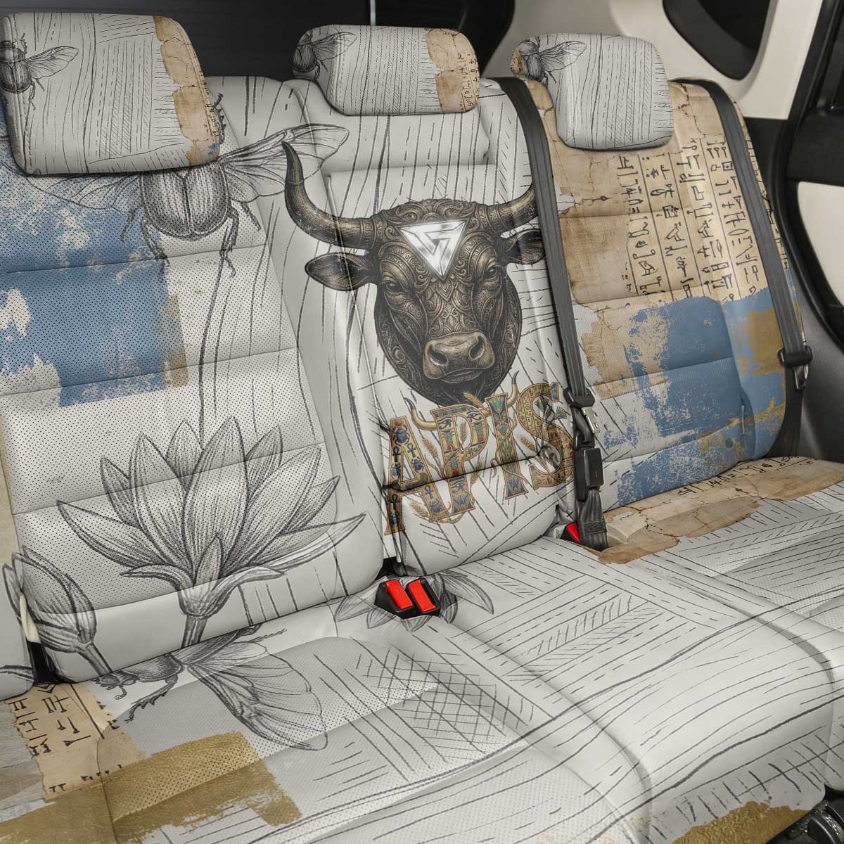 Apis Ancient Egyptian Back Car Seat Cover with Beige-Gray Hieroglyphic, Ornate Bull Head, and Gold-Blue Typography - Wonder Print Shop