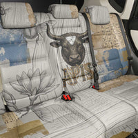 Apis Ancient Egyptian Back Car Seat Cover with Beige-Gray Hieroglyphic, Ornate Bull Head, and Gold-Blue Typography - Wonder Print Shop