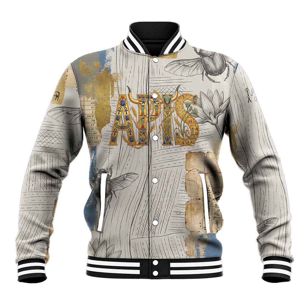 Apis Ancient Egyptian Baseball Jacket with Beige-Gray Hieroglyphic, Ornate Bull Head, and Gold-Blue Typography - Wonder Print Shop