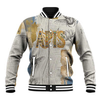 Apis Ancient Egyptian Baseball Jacket with Beige-Gray Hieroglyphic, Ornate Bull Head, and Gold-Blue Typography - Wonder Print Shop