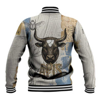 Apis Ancient Egyptian Baseball Jacket with Beige-Gray Hieroglyphic, Ornate Bull Head, and Gold-Blue Typography - Wonder Print Shop